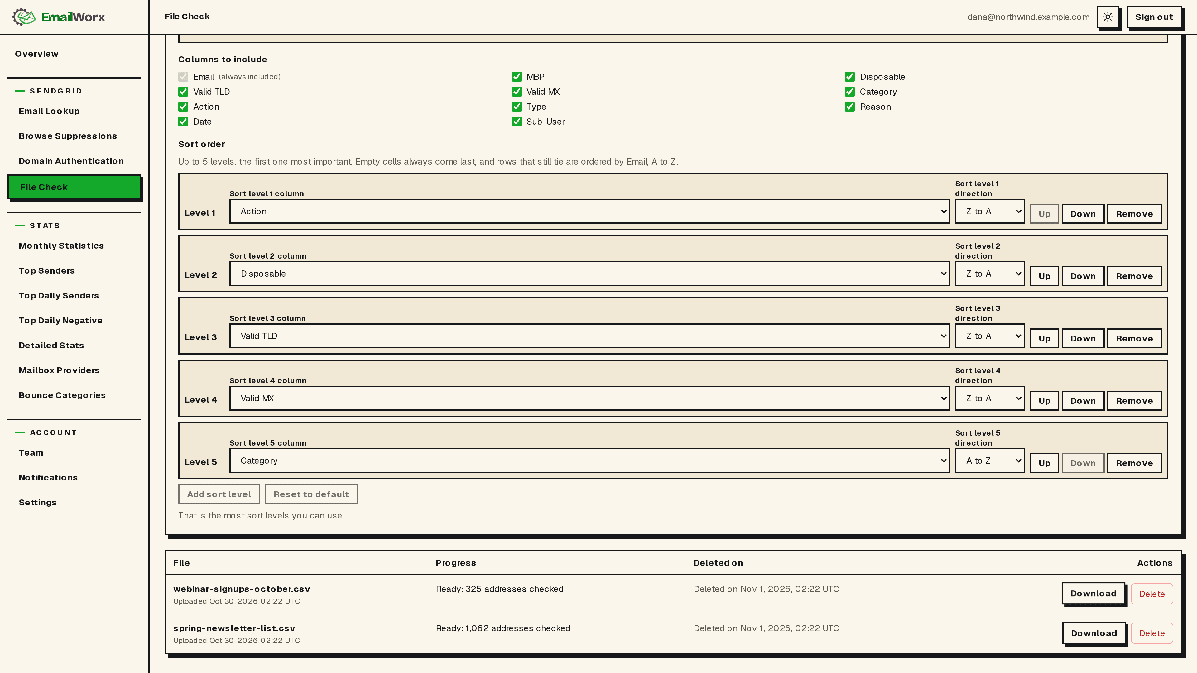 File Check download options: columns to include, a five-level sort order, and two checked files ready to download